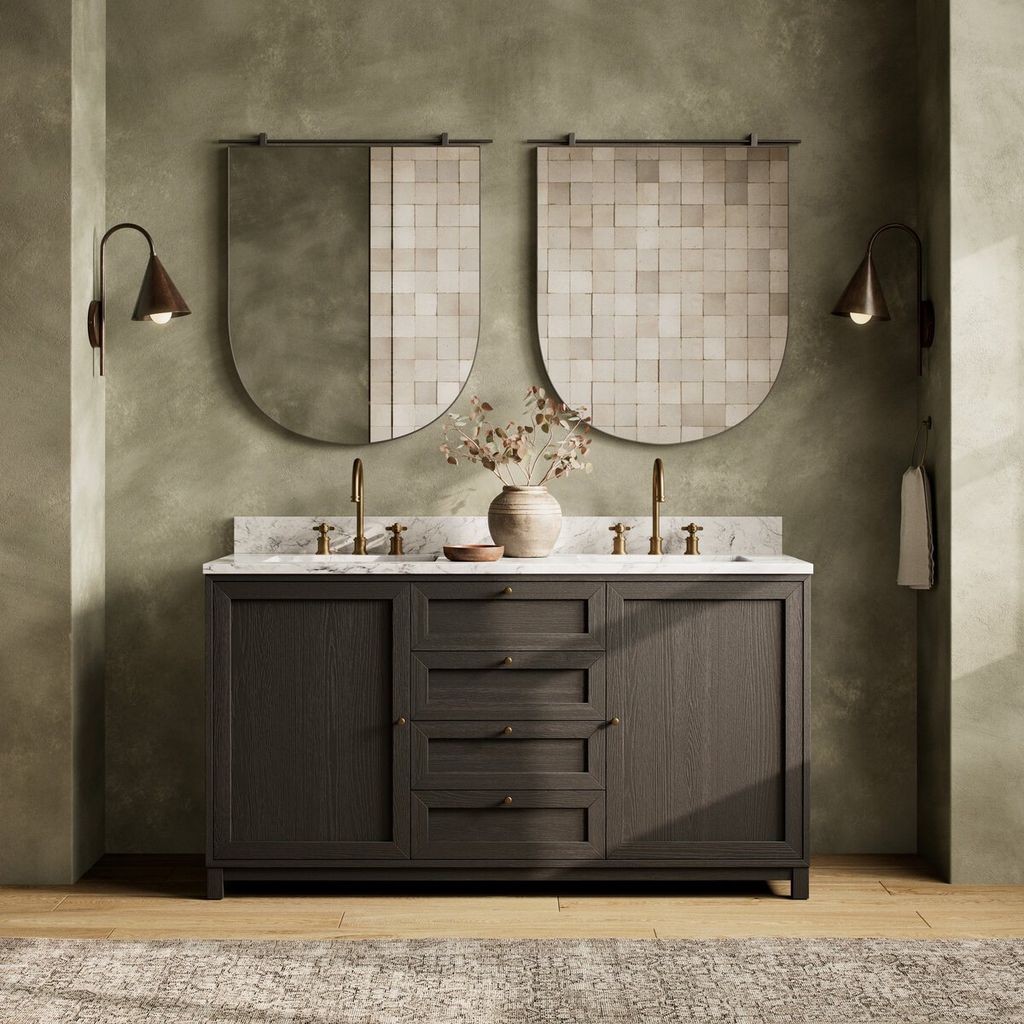 White Carrara Marble Top Black Oak Wood Double Sink Bathroom Vanity 60 inch