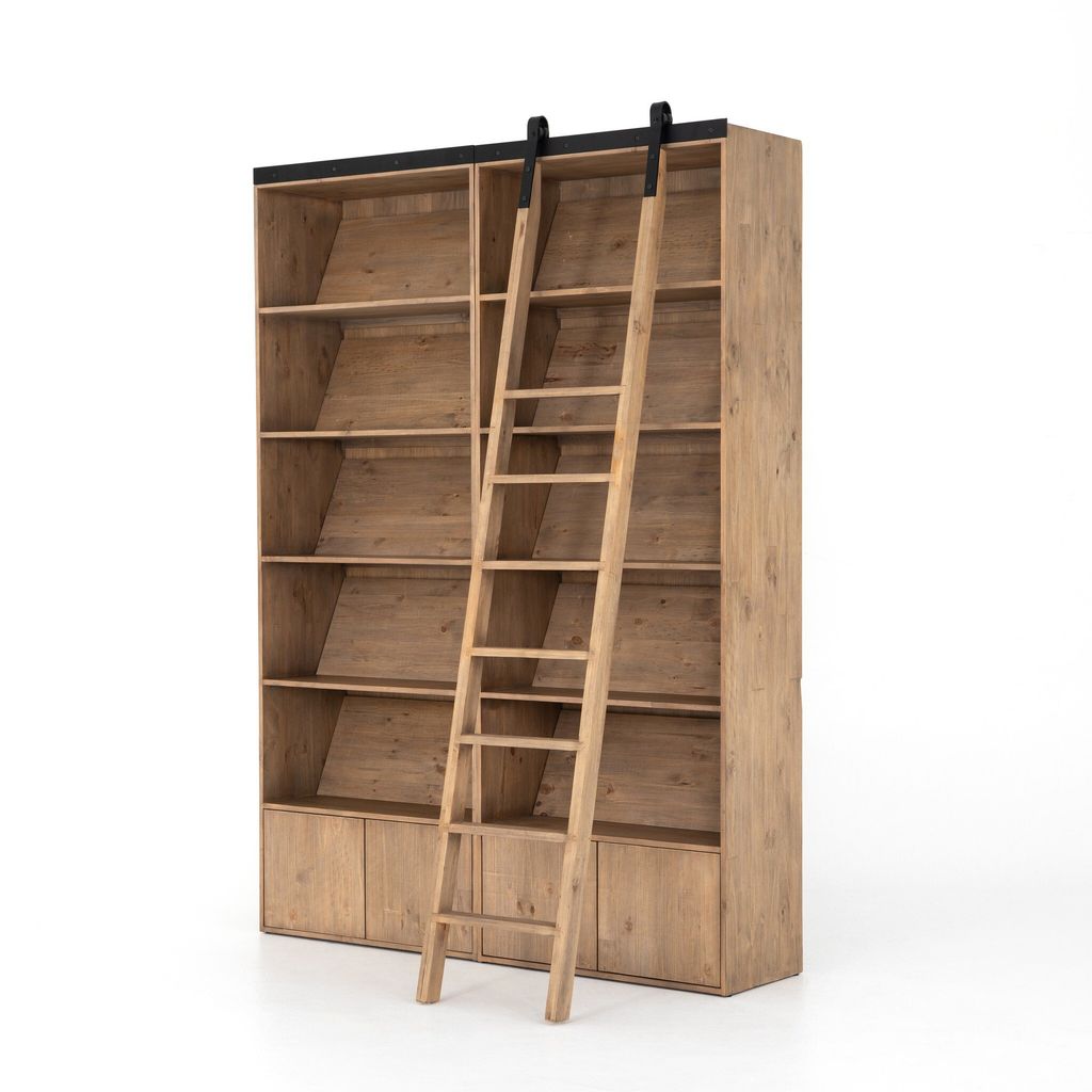 Bane Double Bookshelf W/Ladder, Smoked Pine
