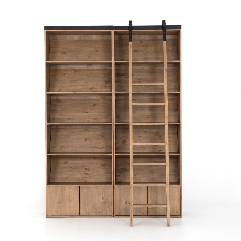 Bane Double Bookshelf W/Ladder, Smoked Pine