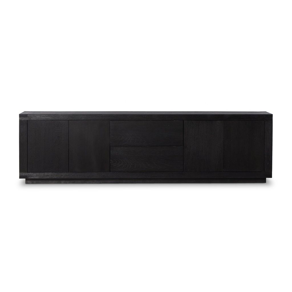 Preview image for Rustic Black Worn Oak Wood Media Console Storage Cabinet 94 inch
