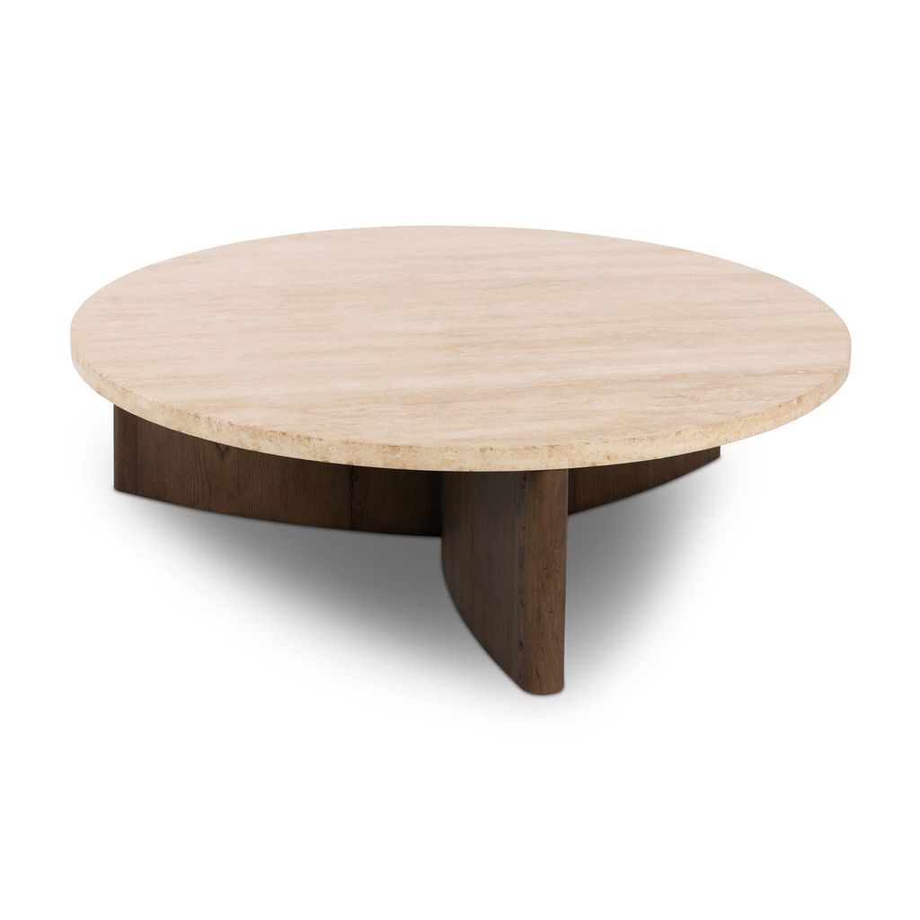 Preview image for Rustic Fawn Oak Wood & Travertine Top Chunky Pedestal Round Coffee Table 50 inch