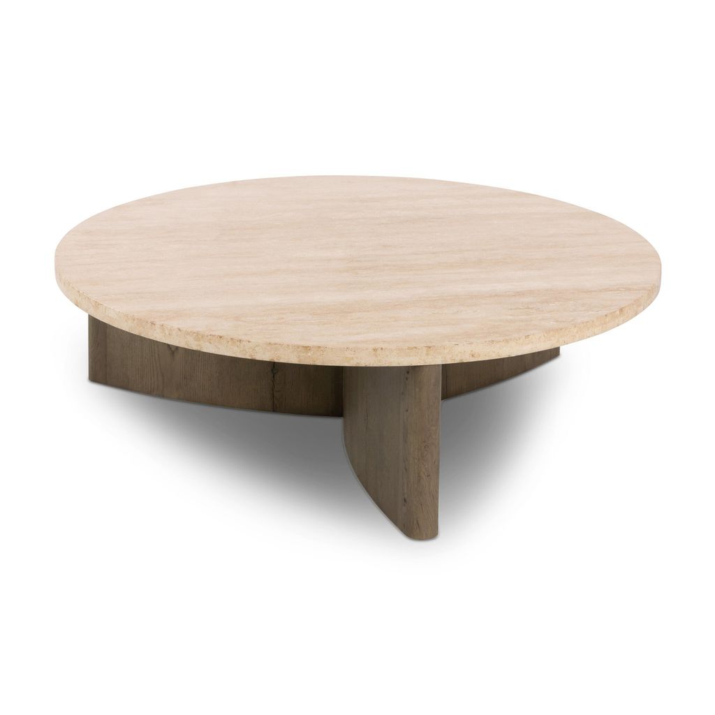 Preview image for Rustic Grey Oak Wood & Travertine Top Chunky Pedestal Round Coffee Table 50 inch