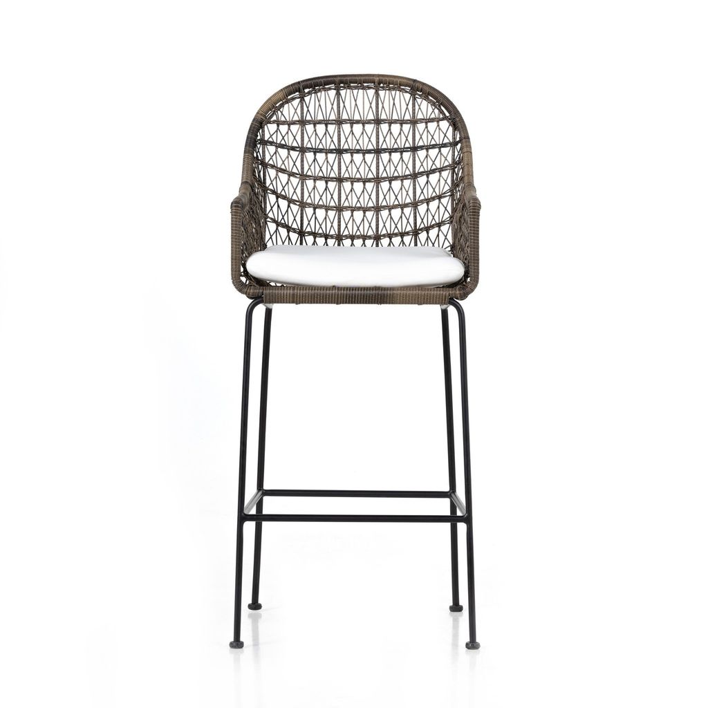 Bandera Outdoor Bar Stool, Distressed Grey And White Cushion