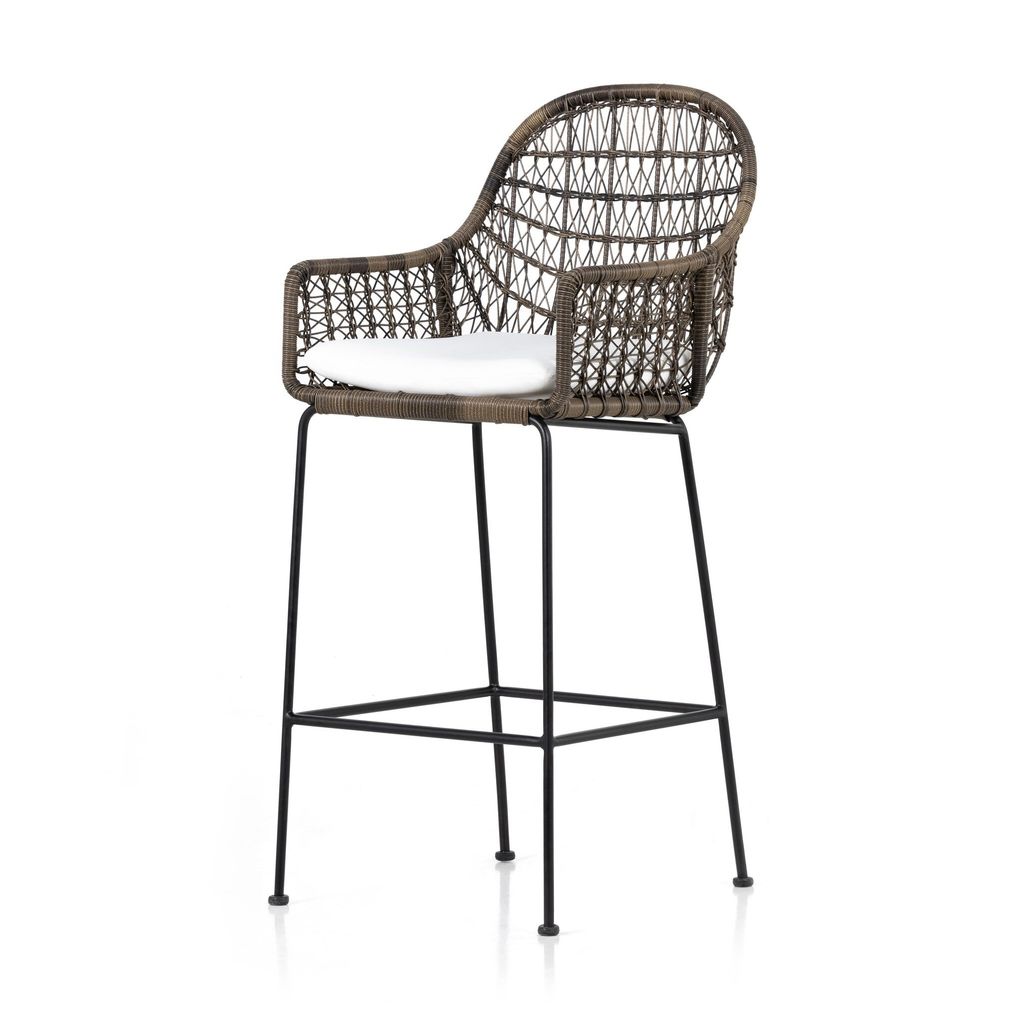 Bandera Outdoor Bar Stool, Distressed Grey And White Cushion