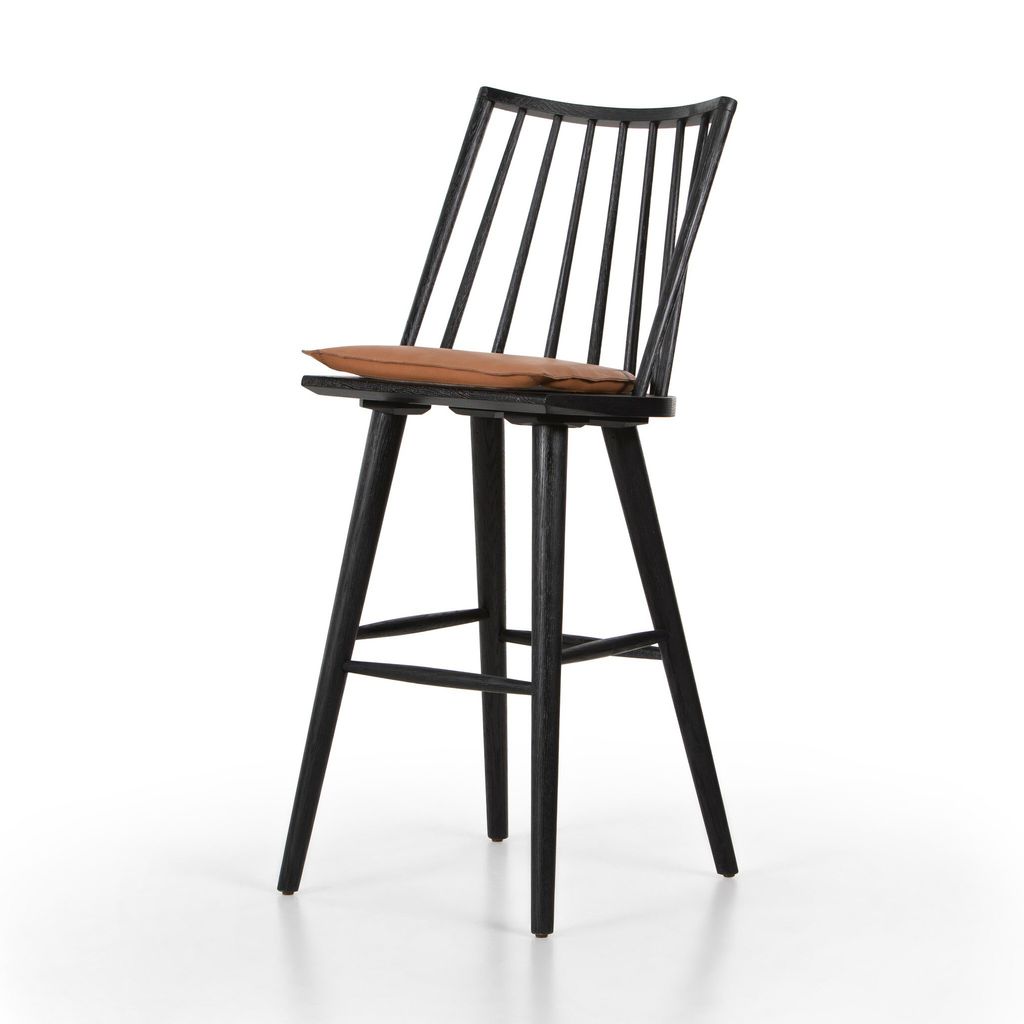 Lewis Windsor Bar Stool, Black Oak And Whiskey Saddle Cushion
