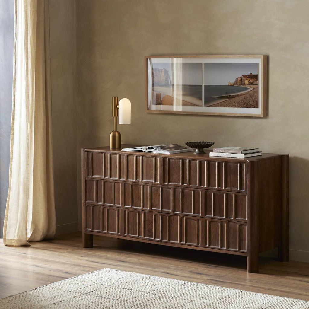 Ezri 6 Drawer Dresser, Carved Cocoa Oak