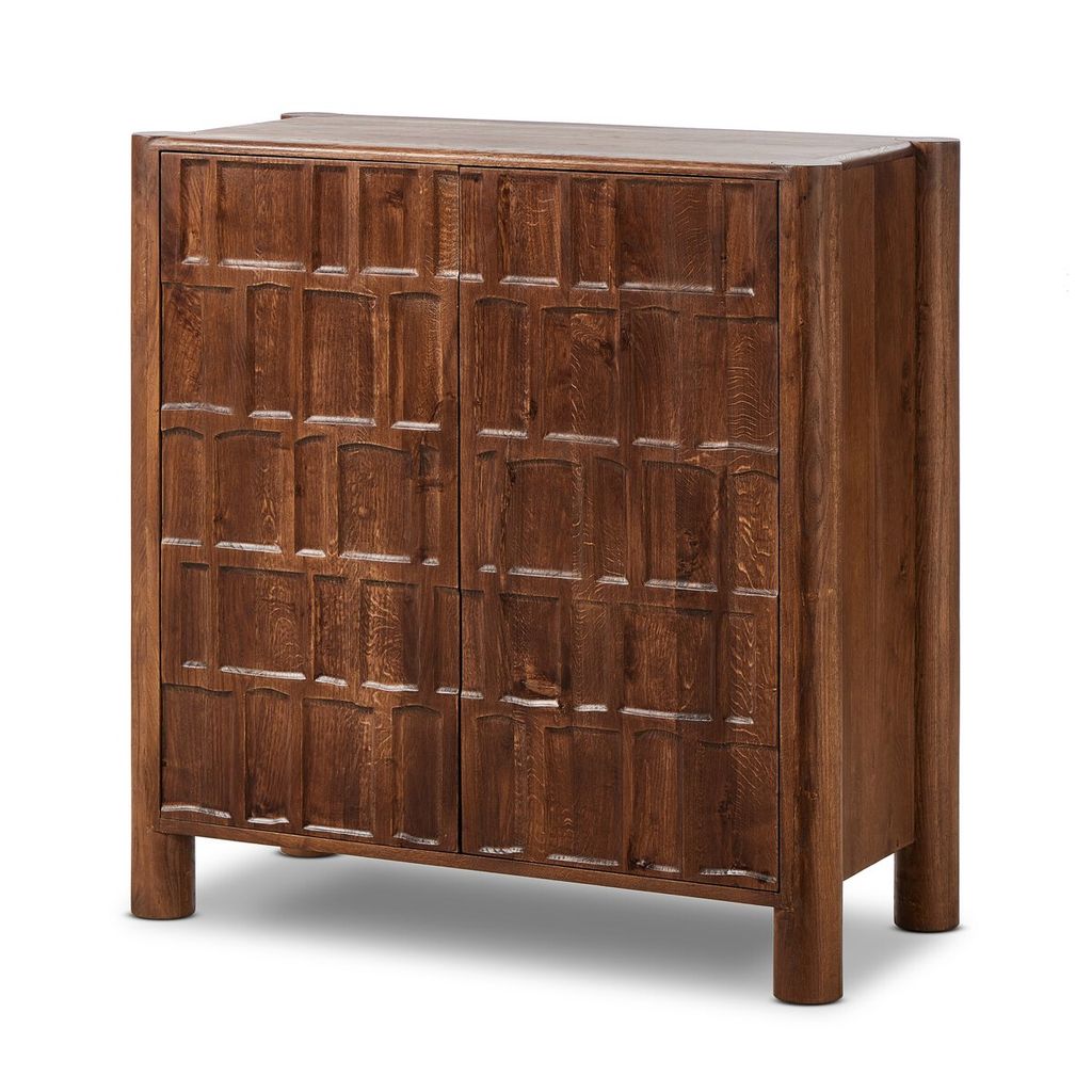 Preview image for Mid Century Style Brown Geometric Carved Solid Wood Bar Cabinet 42 inch