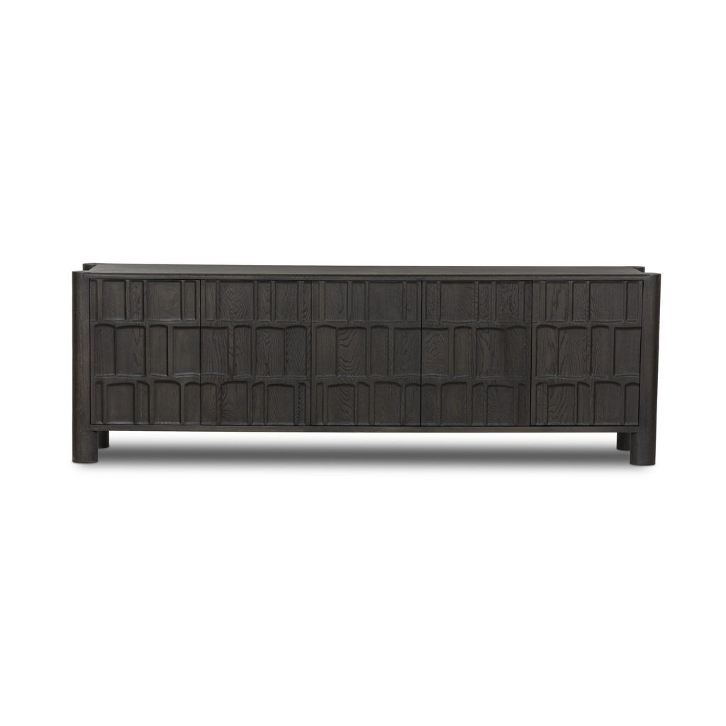 Preview image for Primitive Carved Black Solid Oak Wood Media Console Storage Cabinet 82 inch