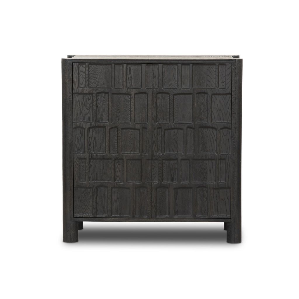 Preview image for Mid Century Style Black Geometric Carved Solid Wood Bar Cabinet 42 inch