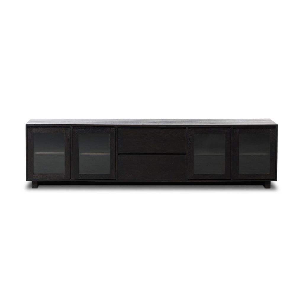 Preview image for Black Oak Wood Low Profile Media Console Storage Cabinet TV Stand 92 inch