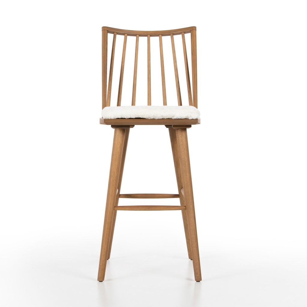 Lewis Windsor Bar + Counter Stool - Sandy Oak Finish - Bar Size - Cream Shorn Sheepskin Cushion