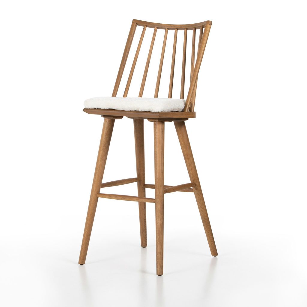 Lewis Windsor Bar + Counter Stool - Sandy Oak Finish - Bar Size - Cream Shorn Sheepskin Cushion