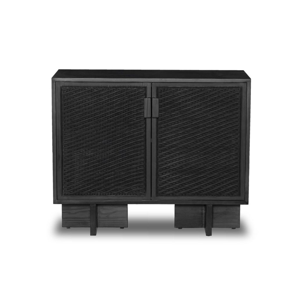 Preview image for Modern Black Woven Cane & Solid Pine Wood Home Bar Cabinet 40 inch