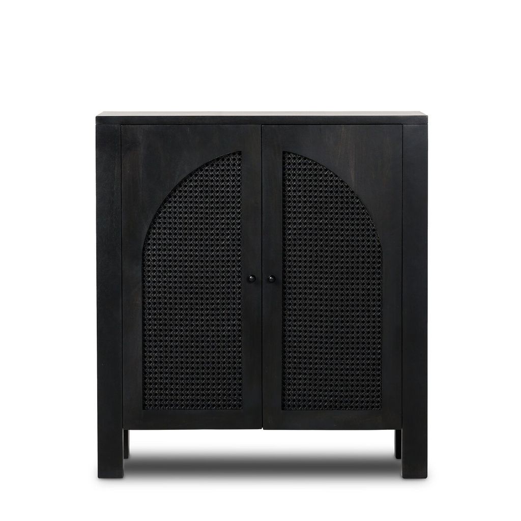 Preview image for Modern Black Solid Mango Wood & Arched Cane Doors Bar Cabinet 40 inch