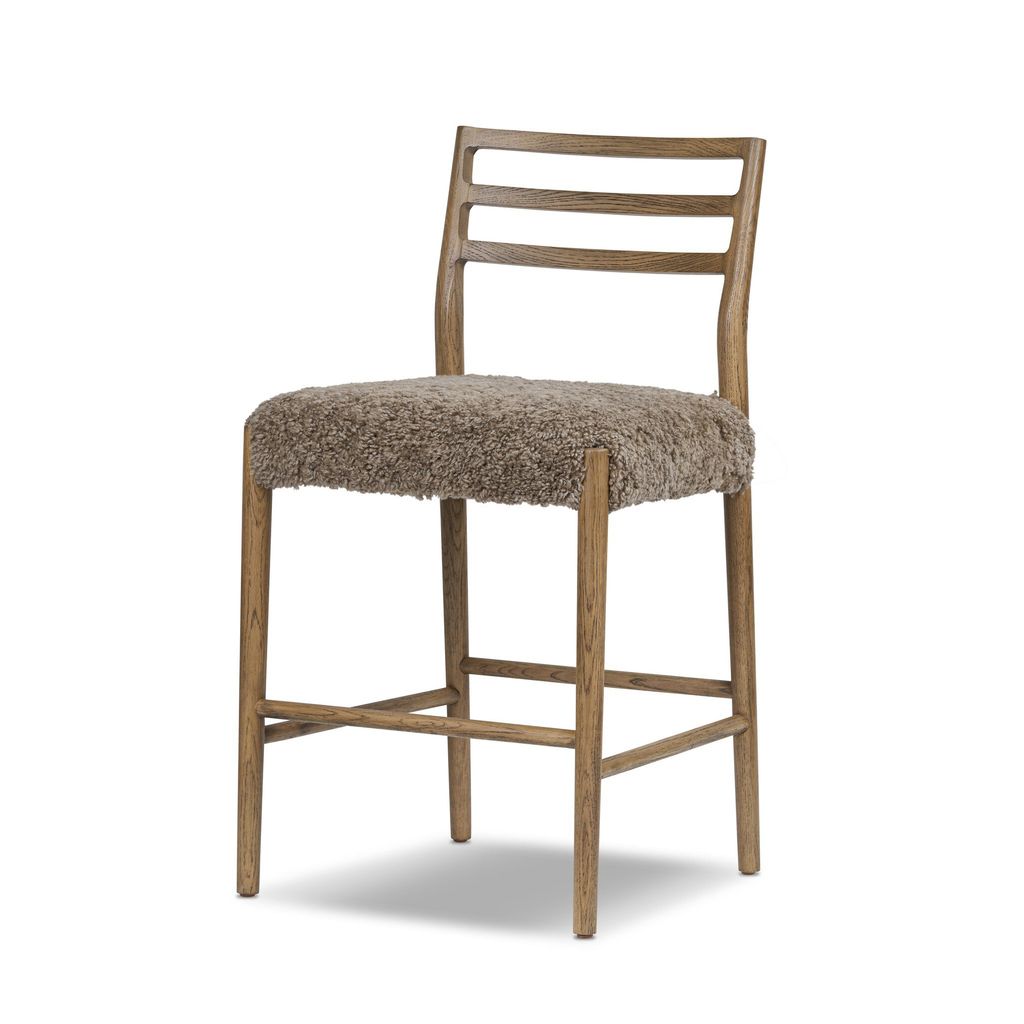 Glenmore Bar + Counter Stool - Smoked Oak Finish - Counter Size - Taupe Shearling Cover