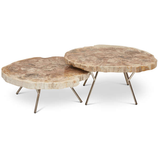 Relique Lastra Coffee Table Set Of 2, Polished Stainless Steel Legs And Natural Light Top