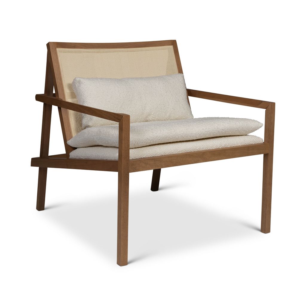 Modern Brazilian Barra Cane Lounge Chair, Boucle Ivory Upholstery, Pecan Frame And Natural Cane Webbing