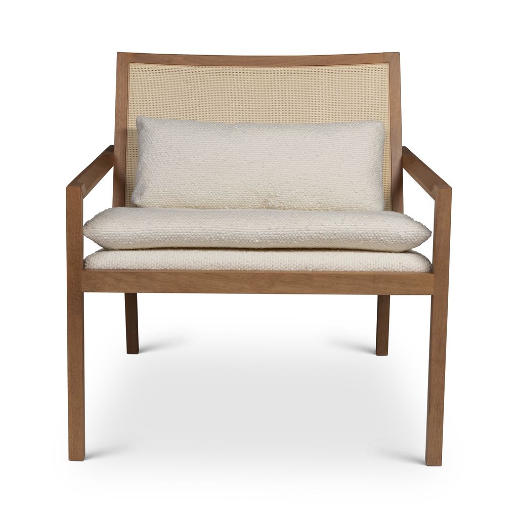 Modern Brazilian Barra Cane Lounge Chair, Boucle Ivory Upholstery, Pecan Frame And Natural Cane Webbing