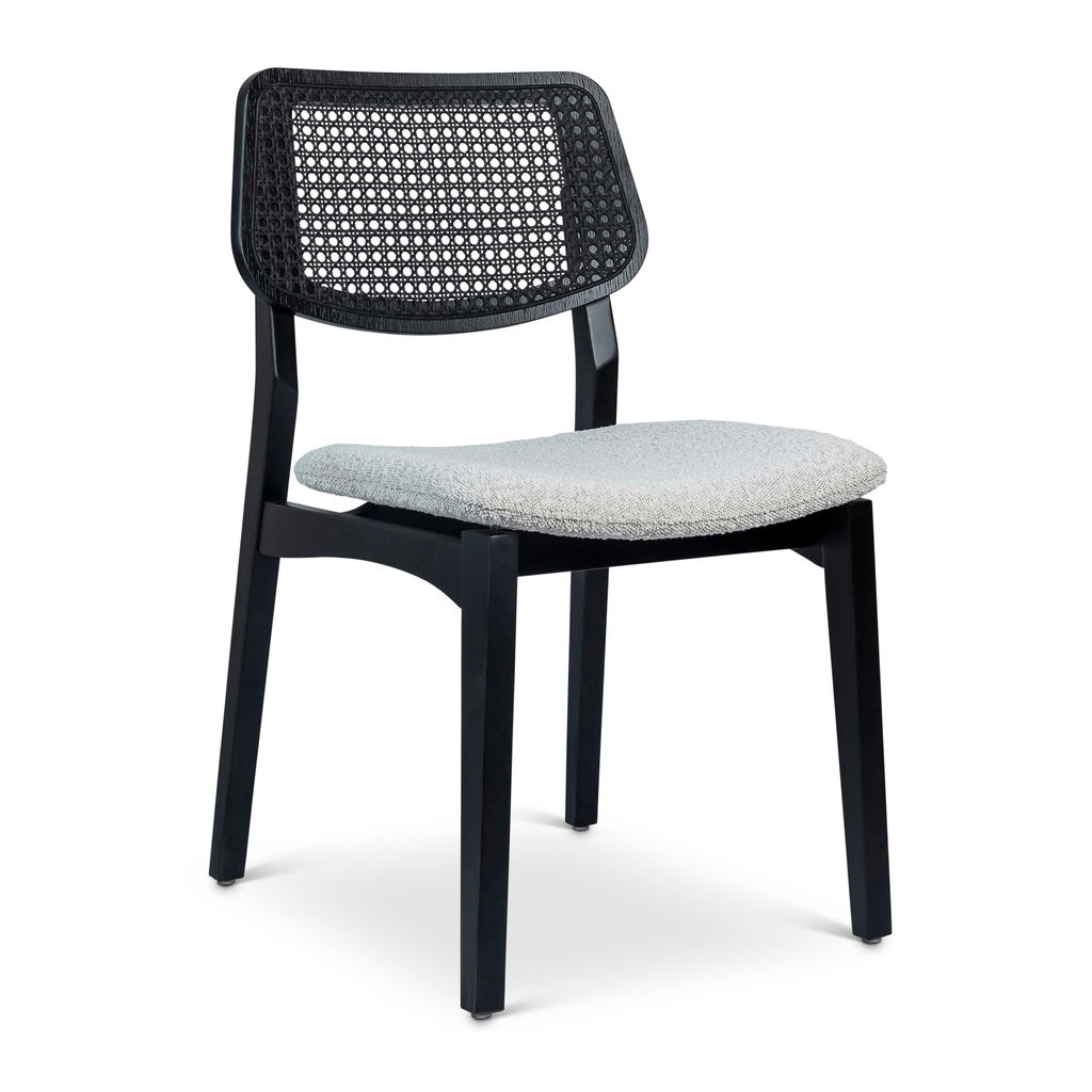 Modern Brazilian Beth Cane Side Chair, Boucle Crafted Glaze Seat, Ebano Frame And Ebano Cane Webbing