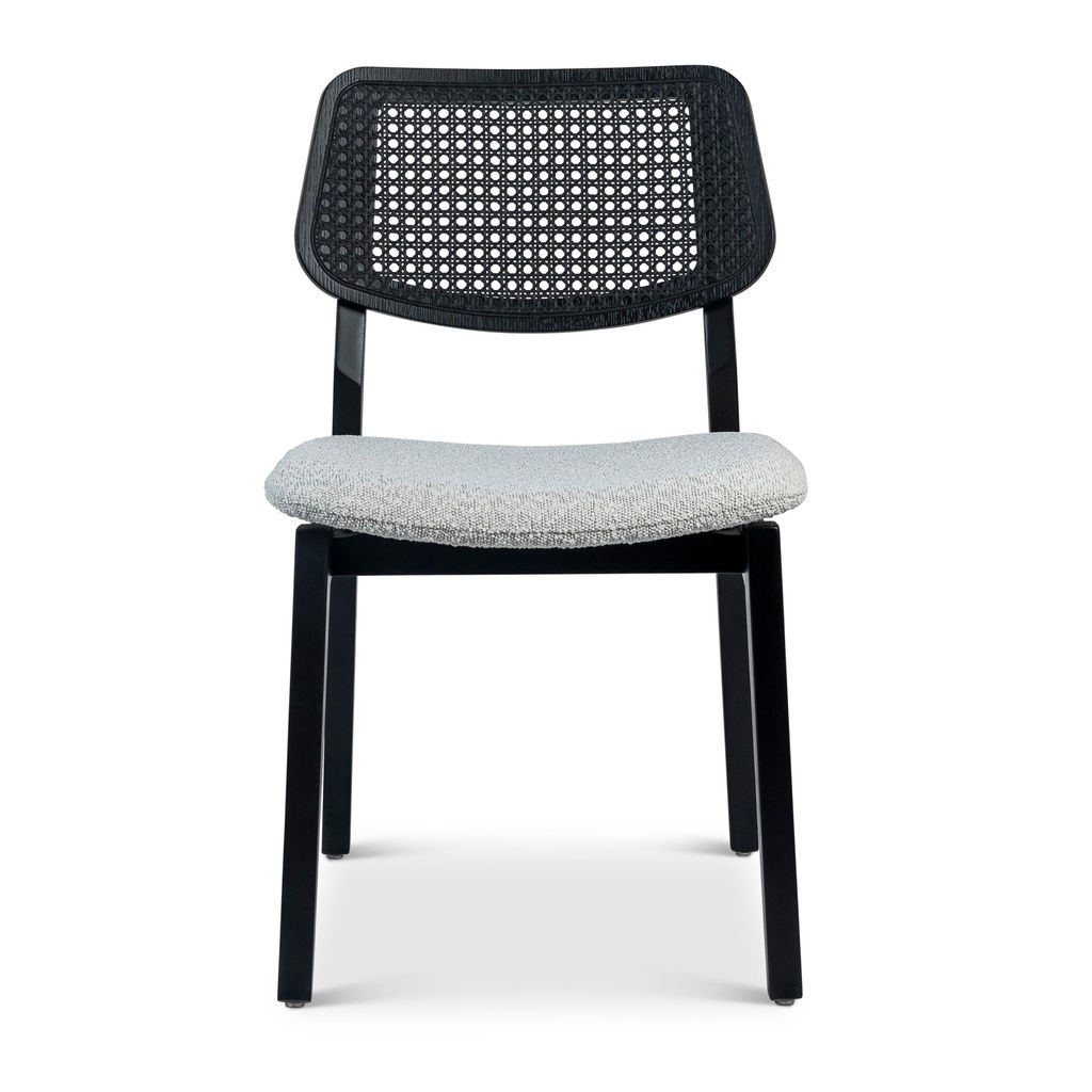 Modern Brazilian Beth Cane Side Chair, Boucle Crafted Glaze Seat, Ebano Frame And Ebano Cane Webbing