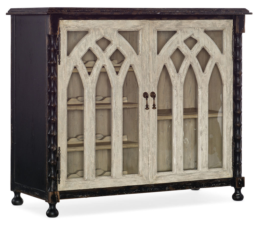 Preview image for Black & Distressed White Arched Glass 2 Door Bar Cabinet with Wine Storage 44 inch