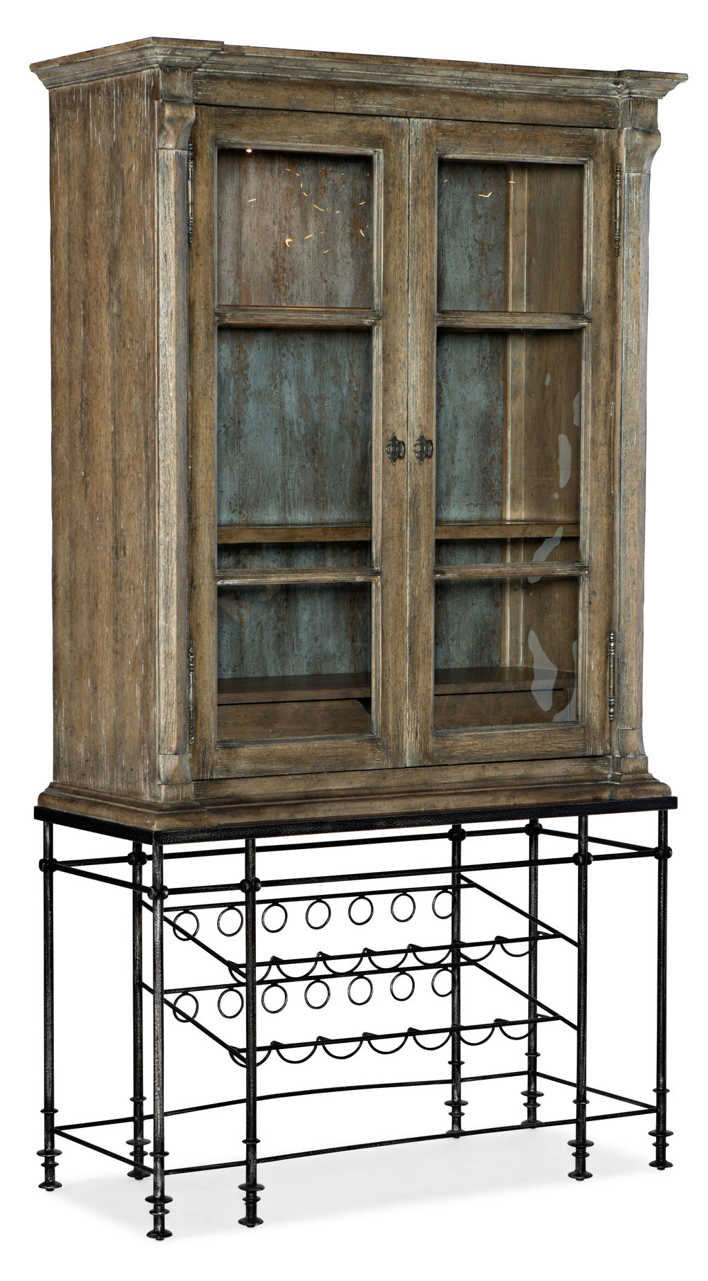 Preview image for Rustic Farmhouse Wood & Metal Tall Bar Cabinet with Wine Storage & Light 44 inch