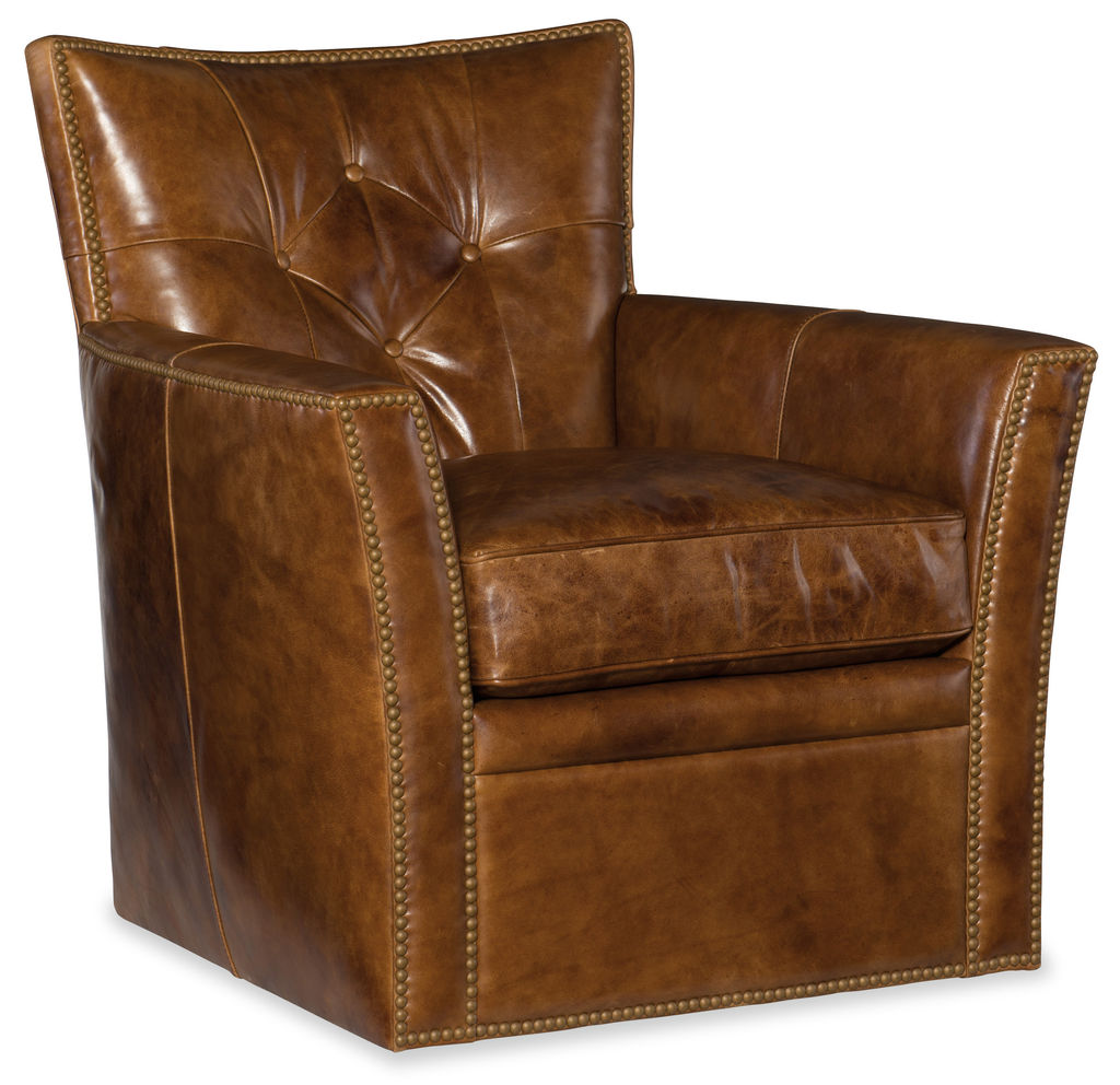 Cognac Brown Leather Swivel Club Chair + Nailheads