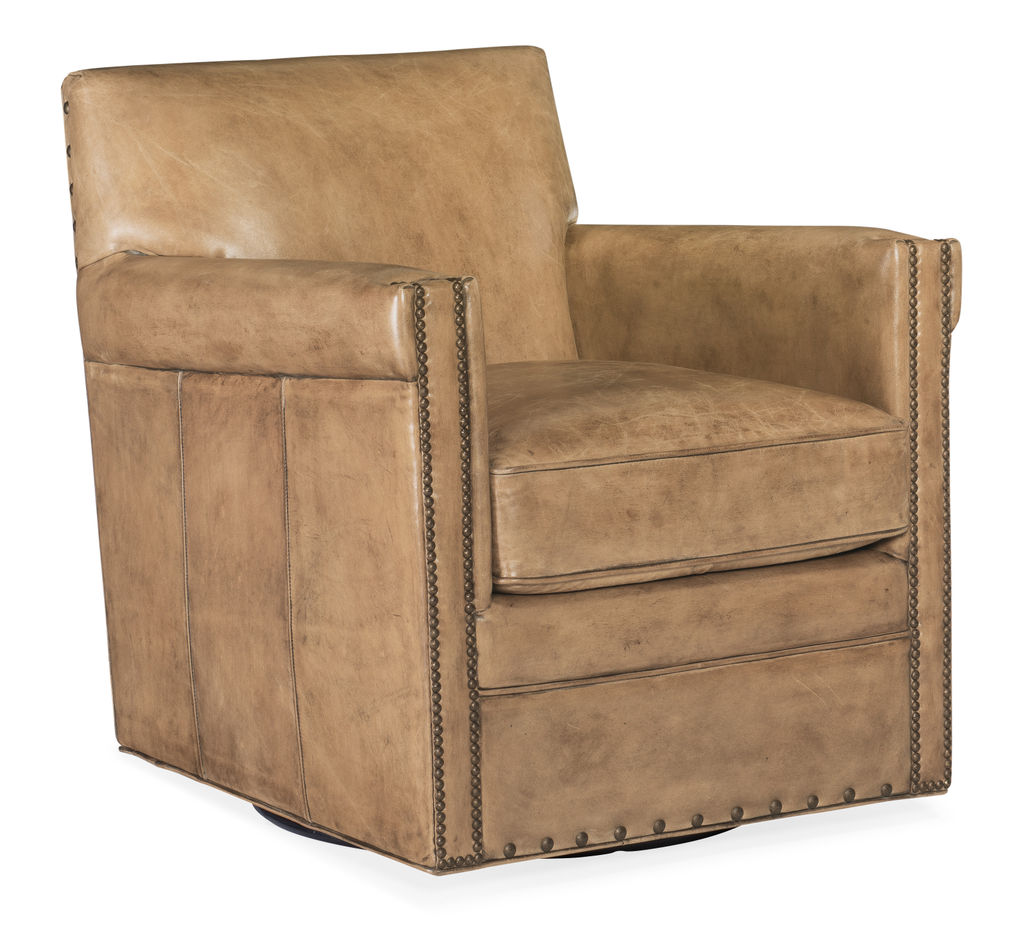 Light Brown Leather Swivel Club Chair + Nailheads