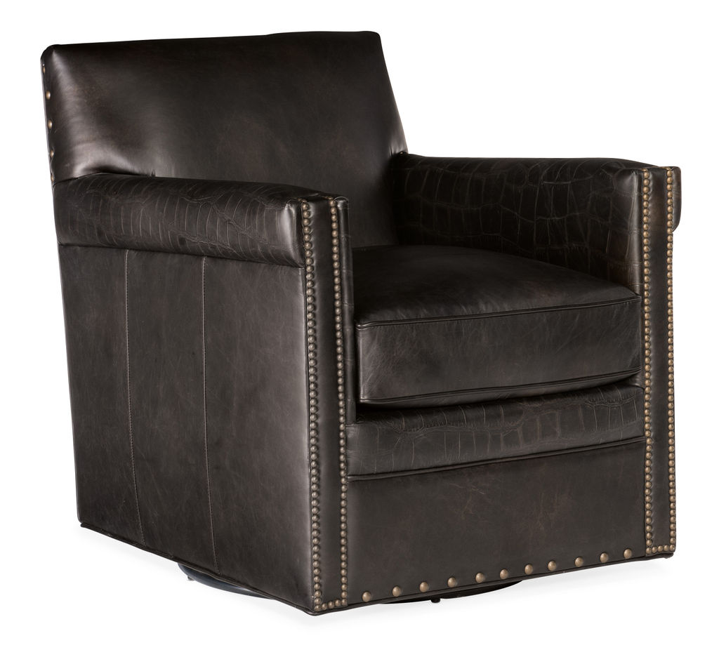 Dark Brown Leather Swivel Club Chair + Nailheads