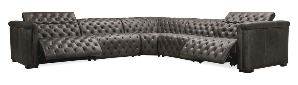 Leather Tufted 5 Piece Sectional with 2 Power Recliners + Power Headrest 130"