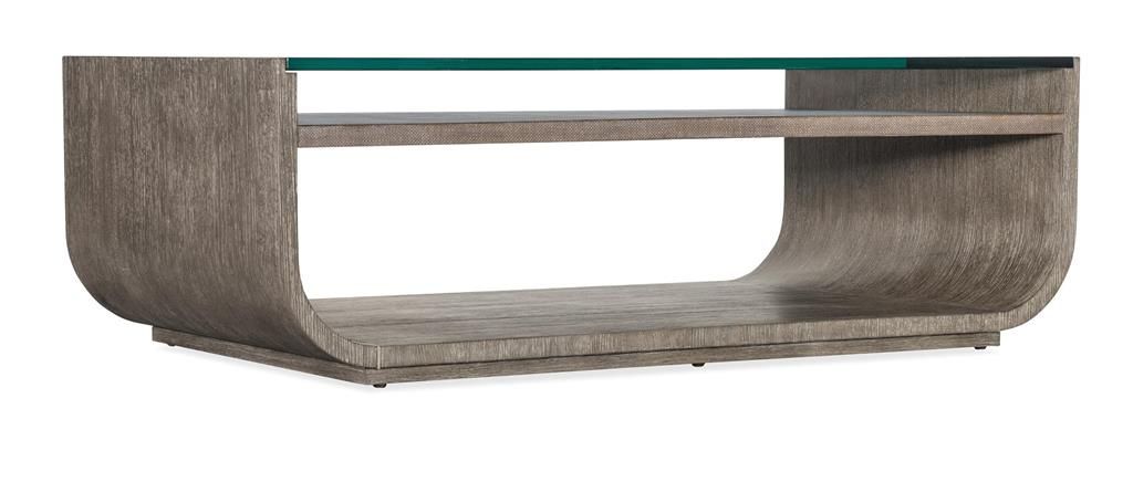 Preview image for Modern Curved Rectangle Coffee Table Glass Top & Oak Wood with Dark Mink Finish 58 inch
