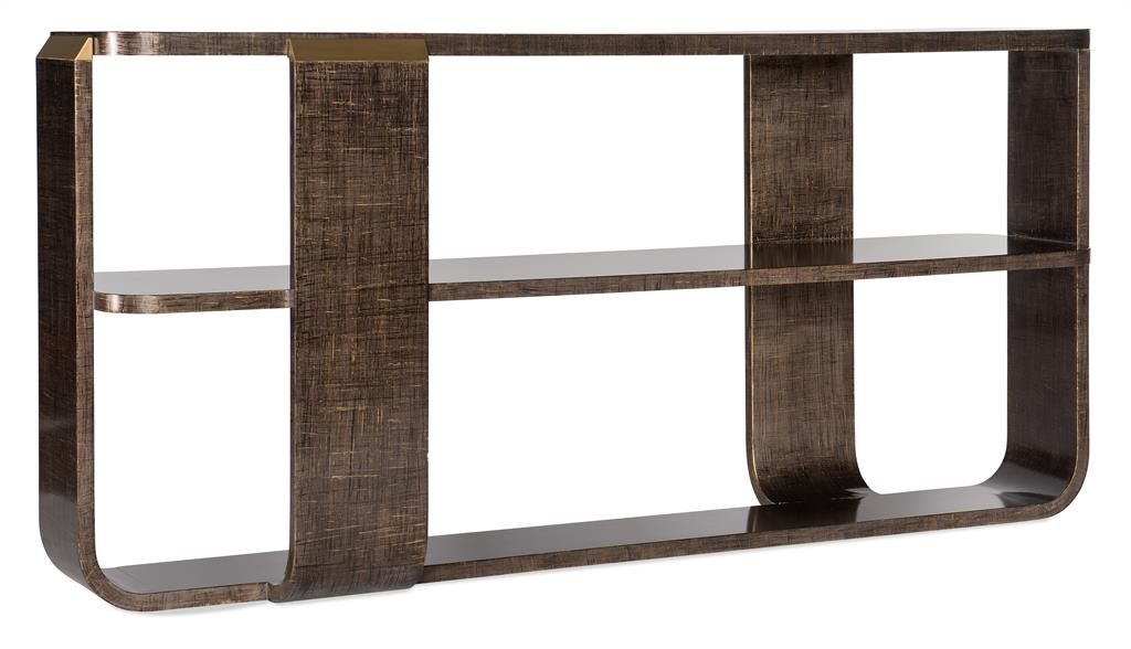 Preview image for Transitional Brown Maple Curved Console Sofa Table Gold Accents 68 inch