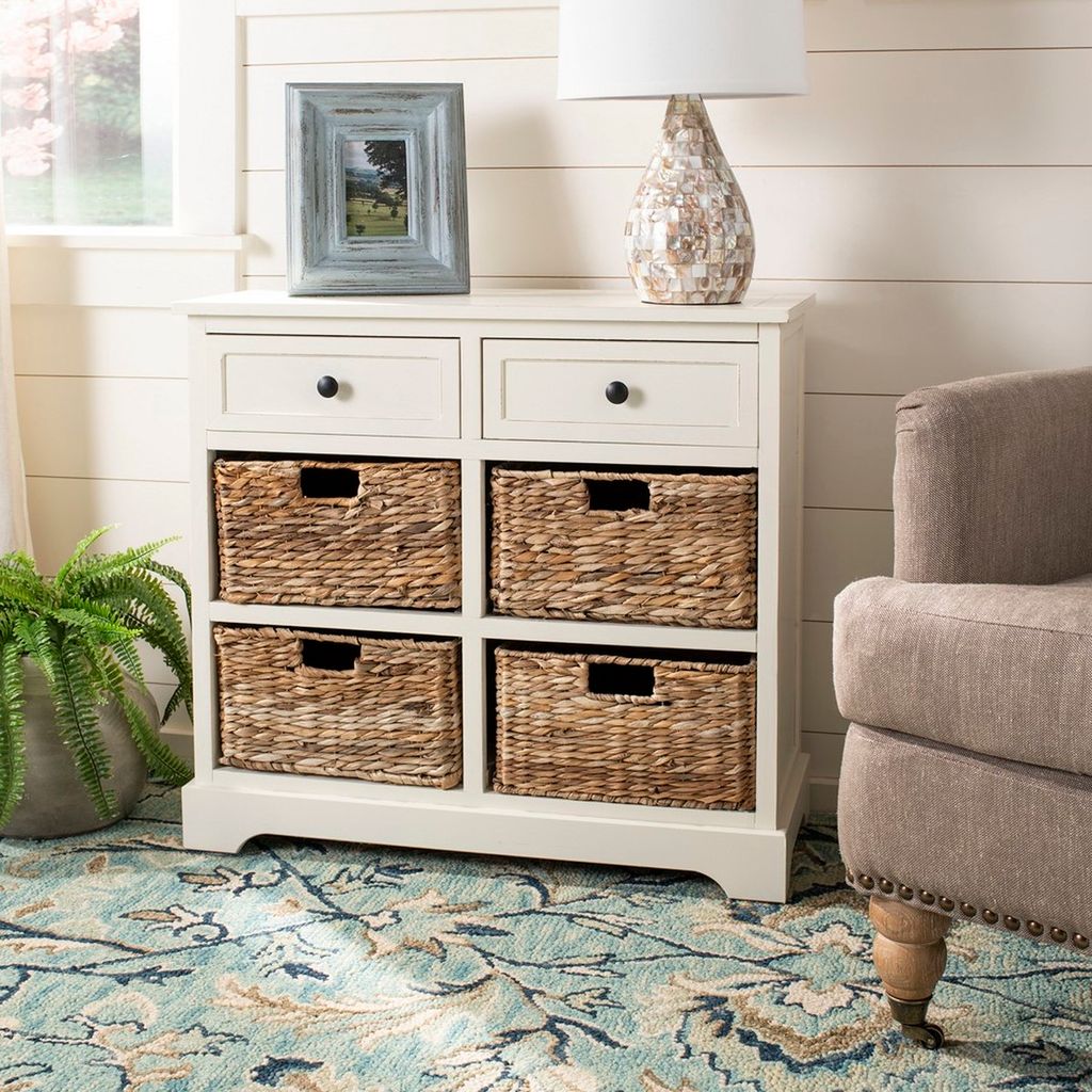 Herman Storage Unit W/ Wicker Baskets, 29.9" X 27.6", Distressed Cream