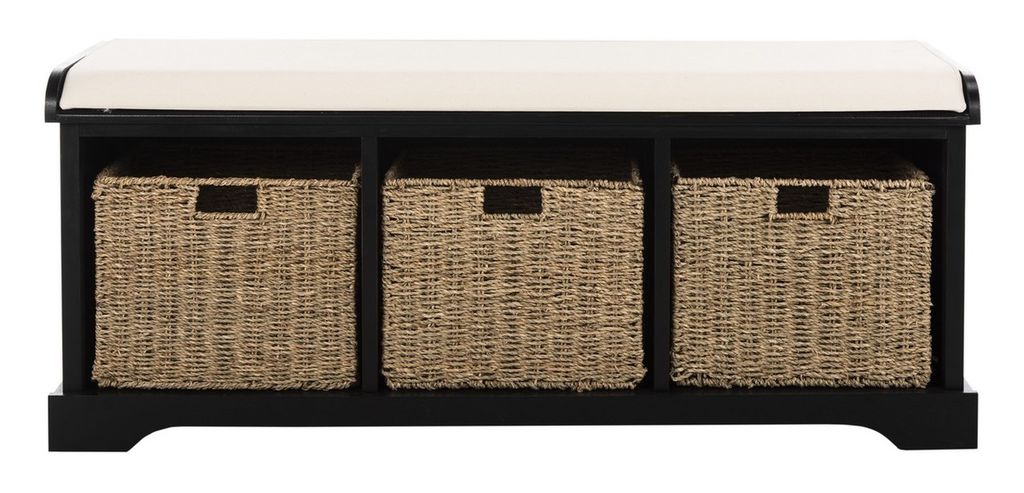 Lonan Wicker Storage Bench, 47" X 19.9", Distressed Black/White
