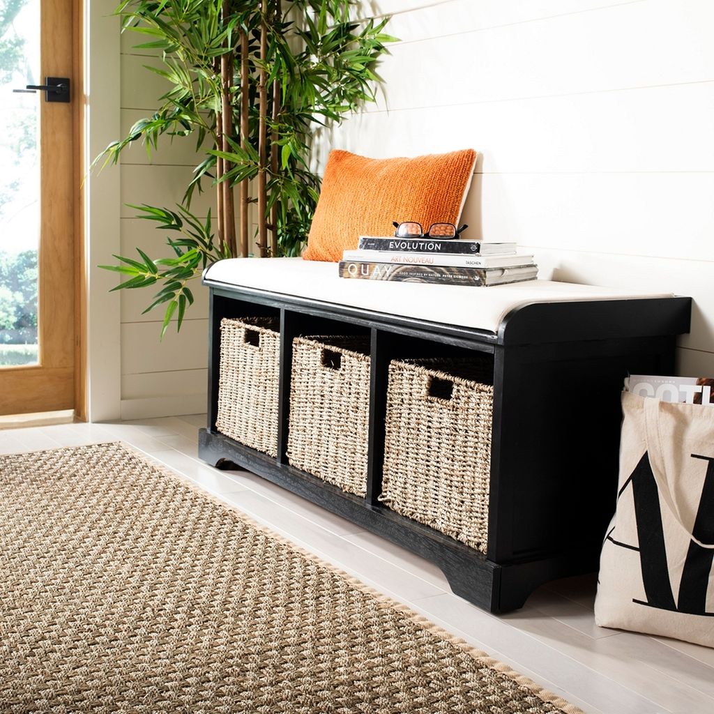 Lonan Wicker Storage Bench, 47" X 19.9", Distressed Black/White