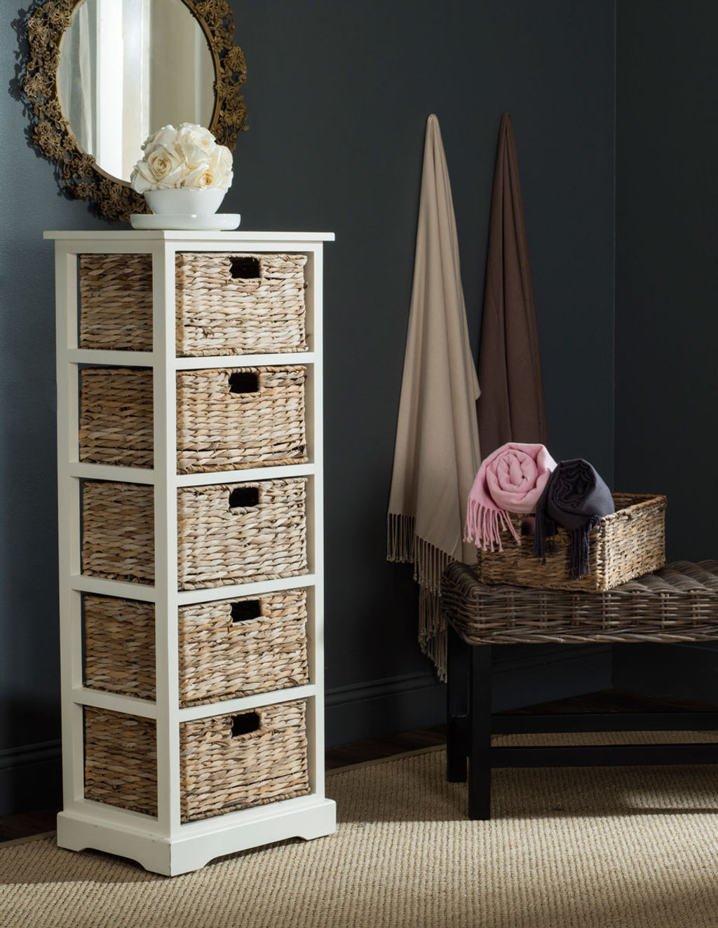Vedette 5 Wicker Basket Storage Tower, 17.3" X 46.1", Distressed White