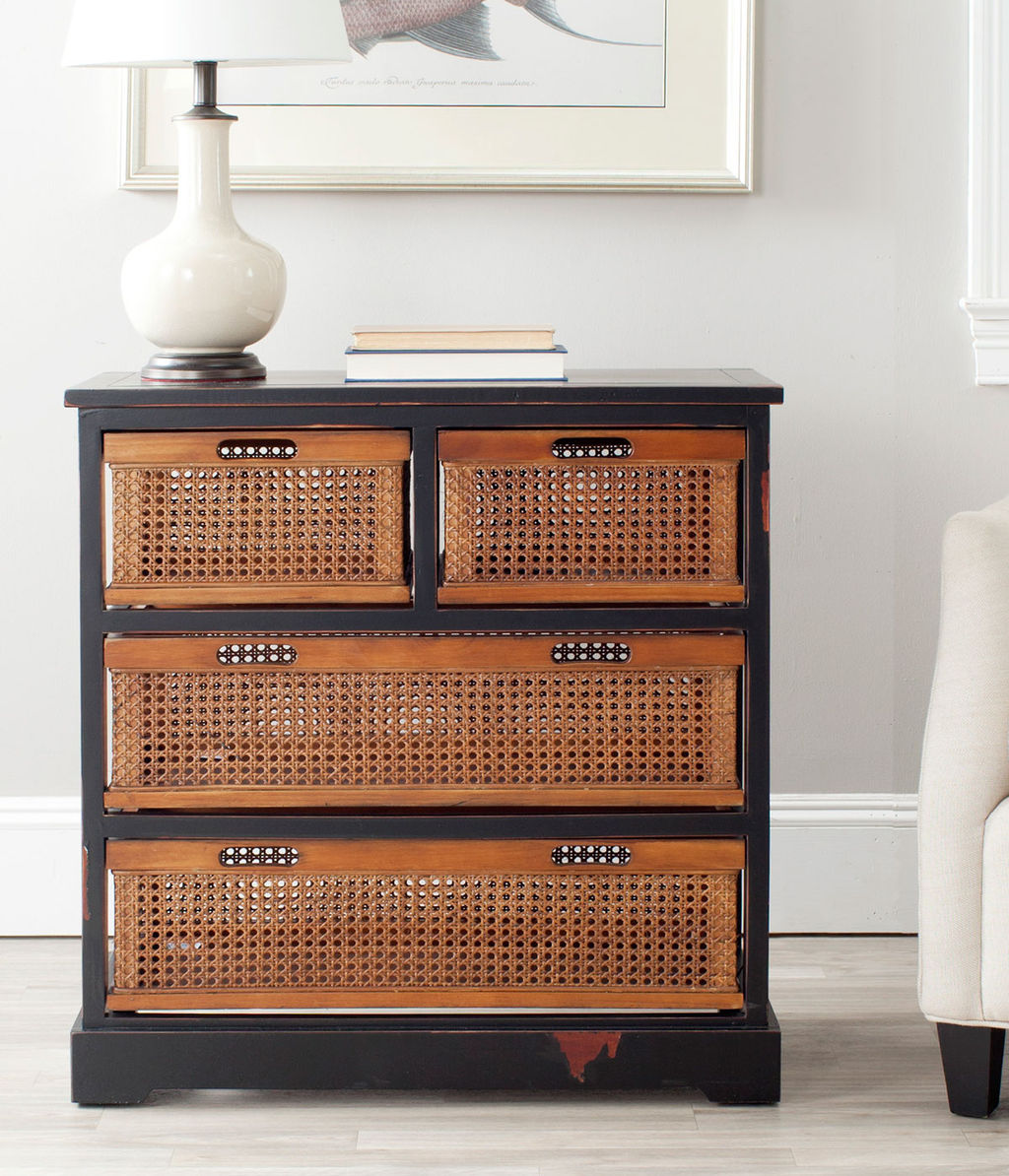 Jackson 4 Drawer Storage Unit, 29.1" X 30.3", Antique Black/Cane Drawers