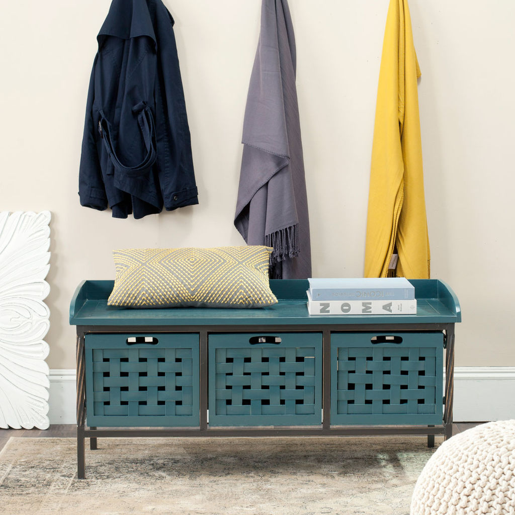 Isaac 3 Drawer Wooden Storage Bench, 42.5" X 20", Teal