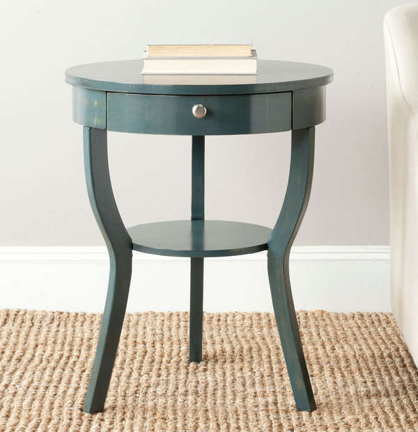 Round Pedestal End Table W/ Drawer 22" X 30.3" Dark Teal