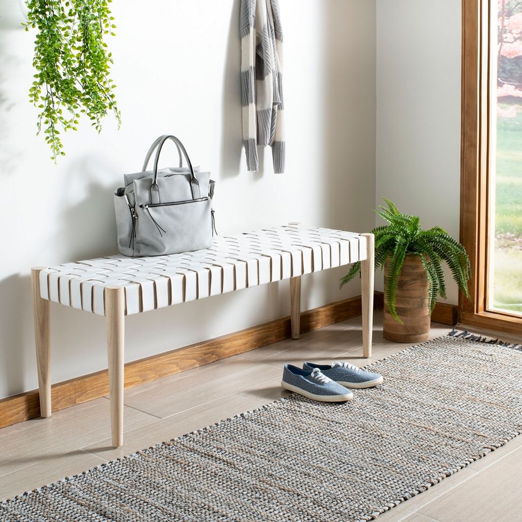 Gunnison Leather Weave Bench, Off White Leather/Light Oak