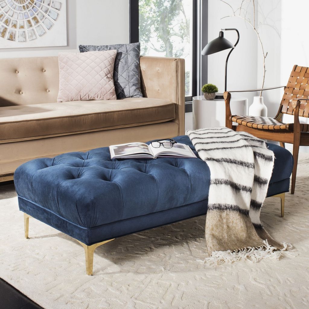 Zarya Tufted Rectangular Bench, 54" X 16", Navy Velvet/Brass