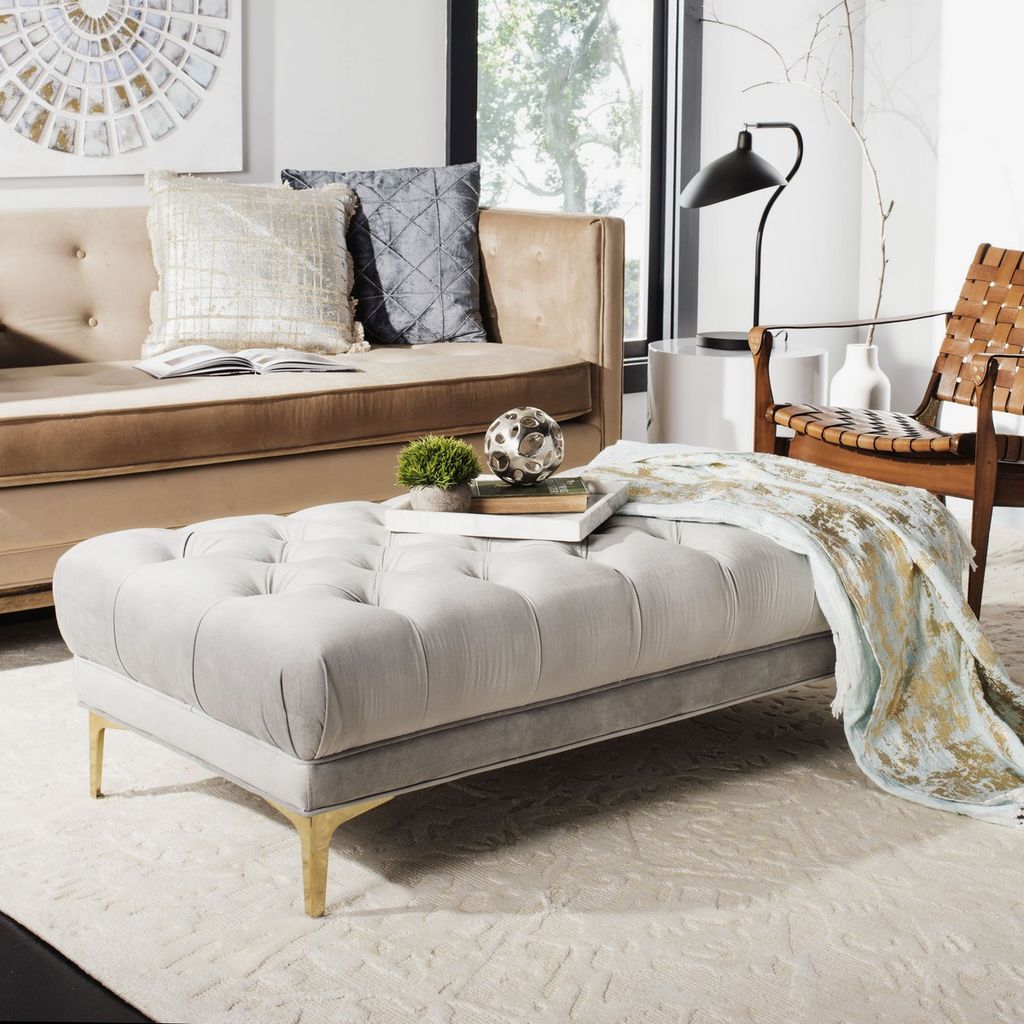 Zarya Tufted Rectangular Bench, 54" X 16", Grey Velvet/Brass