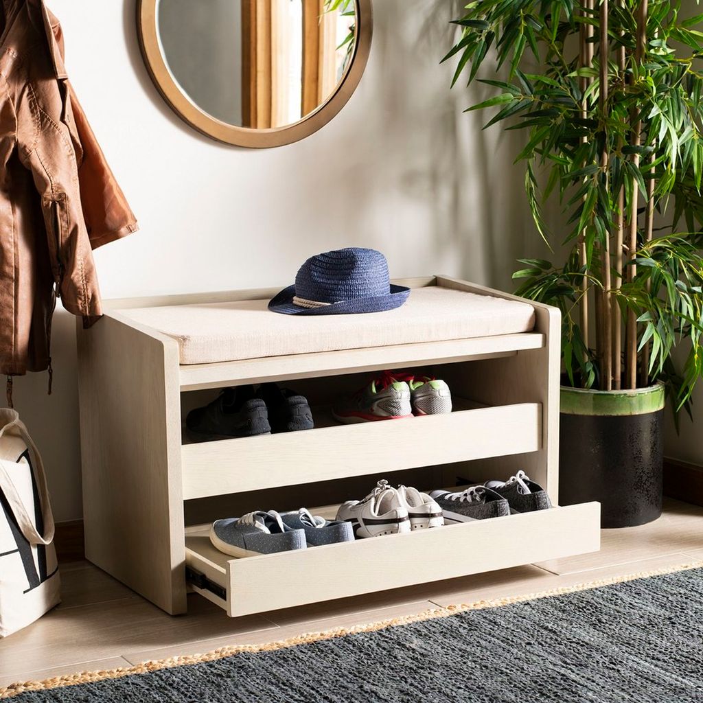 Percy Storage Bench, 33.75" X 20.63", White Wash/Beige Linen