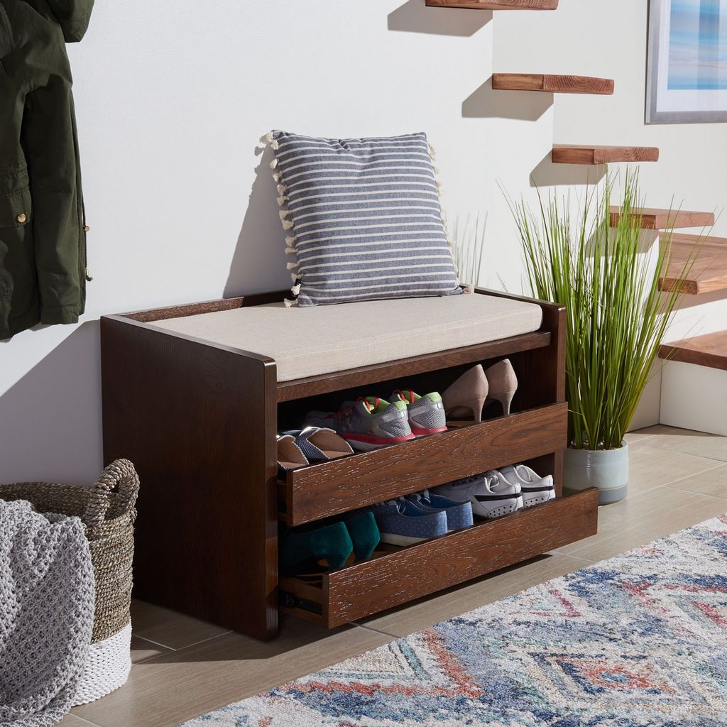 Percy Storage Bench, 33.75" X 25.63", Walnut/Beige Linen