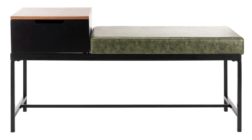 Maruka Bench With Storage, 47.25" X 24", Grey Wash/Dark Green Pu
