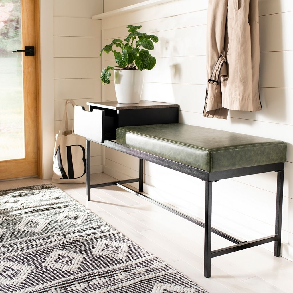 Maruka Bench With Storage, 47.25" X 24", Grey Wash/Dark Green Pu