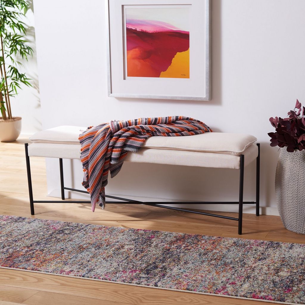 Kara Cushioned X Bench, 50" X 19", Light Beige Linen/Black