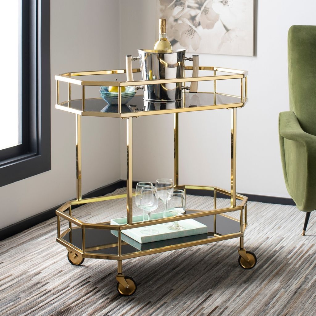 2 Tier Octagon Bar Cart Brass + Black Glass