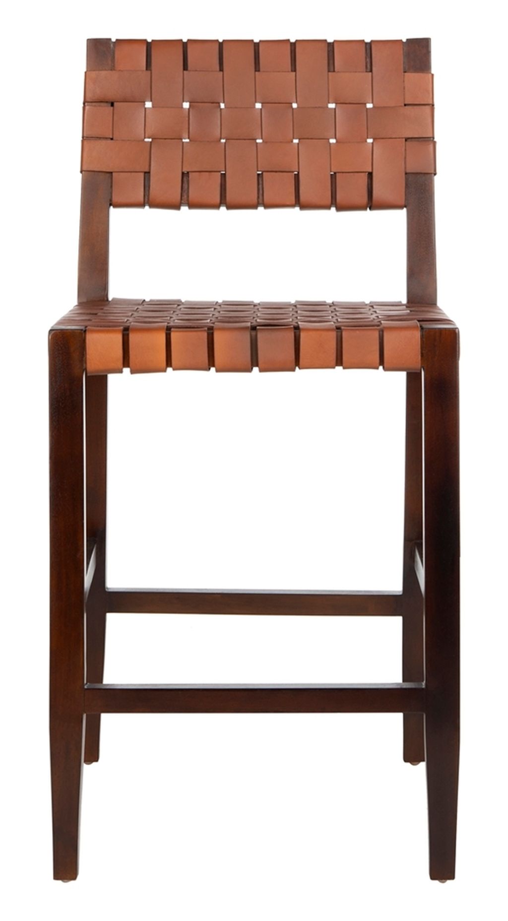 Counter Stool Woven Cognac Leather + Wood Frame