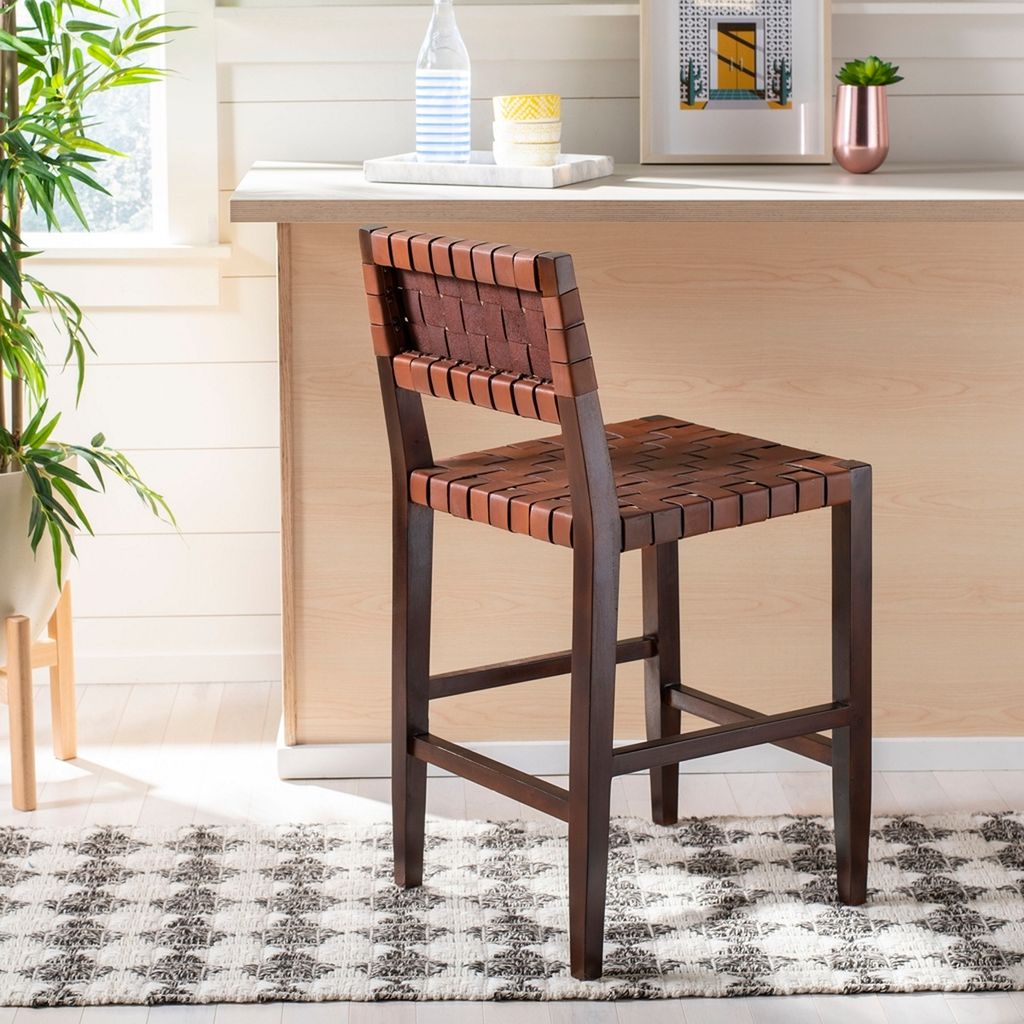 Counter Stool Woven Cognac Leather + Wood Frame